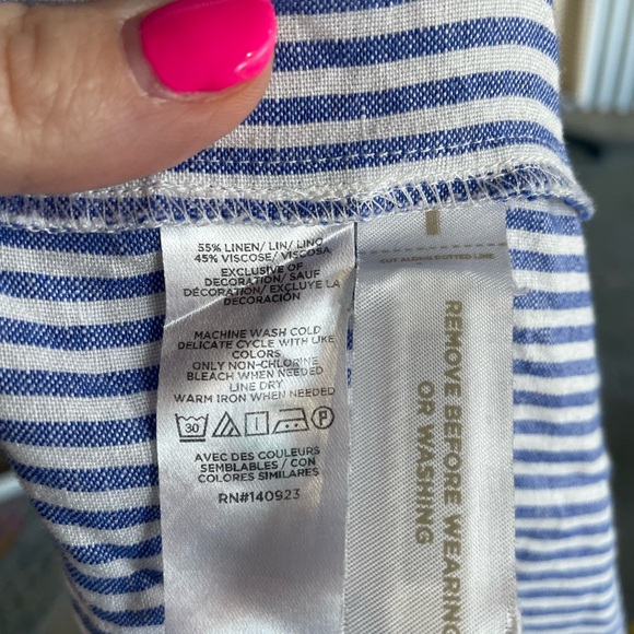 LOFT Swing Dress Size Large Multi Striped Tiered Linen Blend Babydoll Tasseled - Picture 6 of 7